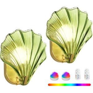 Vintage Battery Operated Wall Sconces with Remote, Green Rechargeable Wireless Wall Sconces with Magnetic LED Bulbs, Indoor Shell Shaped Wall Lights for Living Room, Bedroom, Doorway, Set of 2