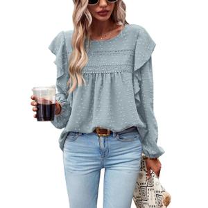 PRETTYGARDEN Women's Long Sleeve Shirts Ruffle Swiss Dot Crochet Loose Fit Tunic Dressy Casual Tops Blouses Spring Fashion (Green, XS)