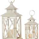 Lanterns Decorative Outdoor&Indoor, Set of 2 (14"&10") Beige Metal Lantern Decor with Glass, Candle Holder for Porch, Patio, Garden, Balcony, Wedding, Table Centerpiece