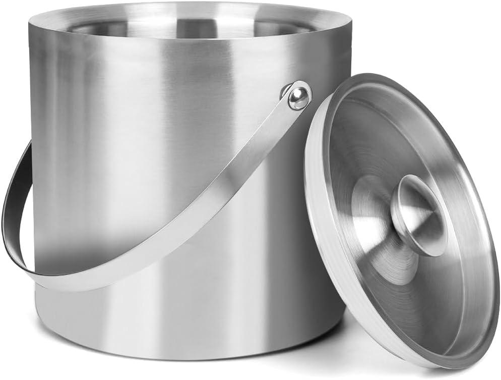 DREAMYO 3L Double Wall Insulated Stainless Steel Ice Bucket with scoop for Cocktail Bar,Metal Ice Bucket for freezer with Lid for parties.ice Container,bar cart accessories (Silver) (3.0 Liters)
