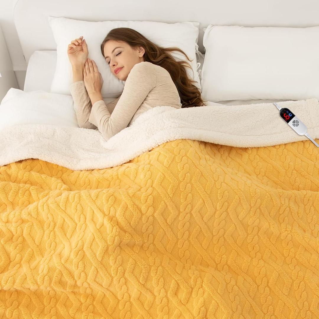 Electric Blanket Full Size 72"X84" Yellow - Soft Thick Warm Sherpa Heated Blanket for Winter with 6 Fast Heating Levels & 10hrs LED Timer Auto Off for Women, Overheat Protection for Bed