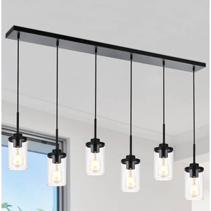 Island Light for Kitchen, 6-Light Dining Room Light Fixture with Clear Glass Shade, Black Linear Chandelier Pendant Lighting Over Table for Dining Table Kitchen Island Living Room