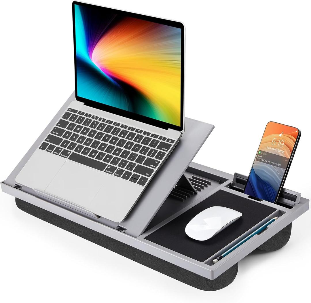 LORYERGO Adjustable Laptop Desk with Cushion, Mouse Pad & Cellphone Slot - Laptop Stand for Bed & Couch, Riser for Home & Office (Grey) (Gray)