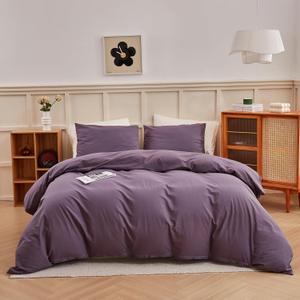 ECOCOTT Lilac Purple Duvet Cover King Size, 100% Washed Cotton 3 Piece Bedding Set 1 Duvet Cover with Zipper and 2 Pillowcases, Ultra Soft and Easy Care Breathable Duvet Cover Set ((Lilac Purple,King)