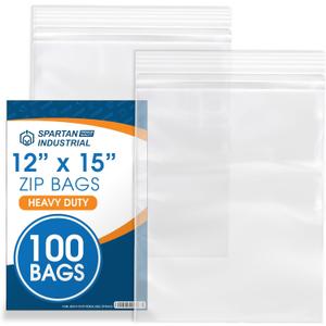 Spartan Industrial - 12 X 15 (100 Count) 4 Mil Thick Clear Reclosable Zip Plastic Poly Bags with Resealable Lock Seal Zipper - Heavy Duty and Durable