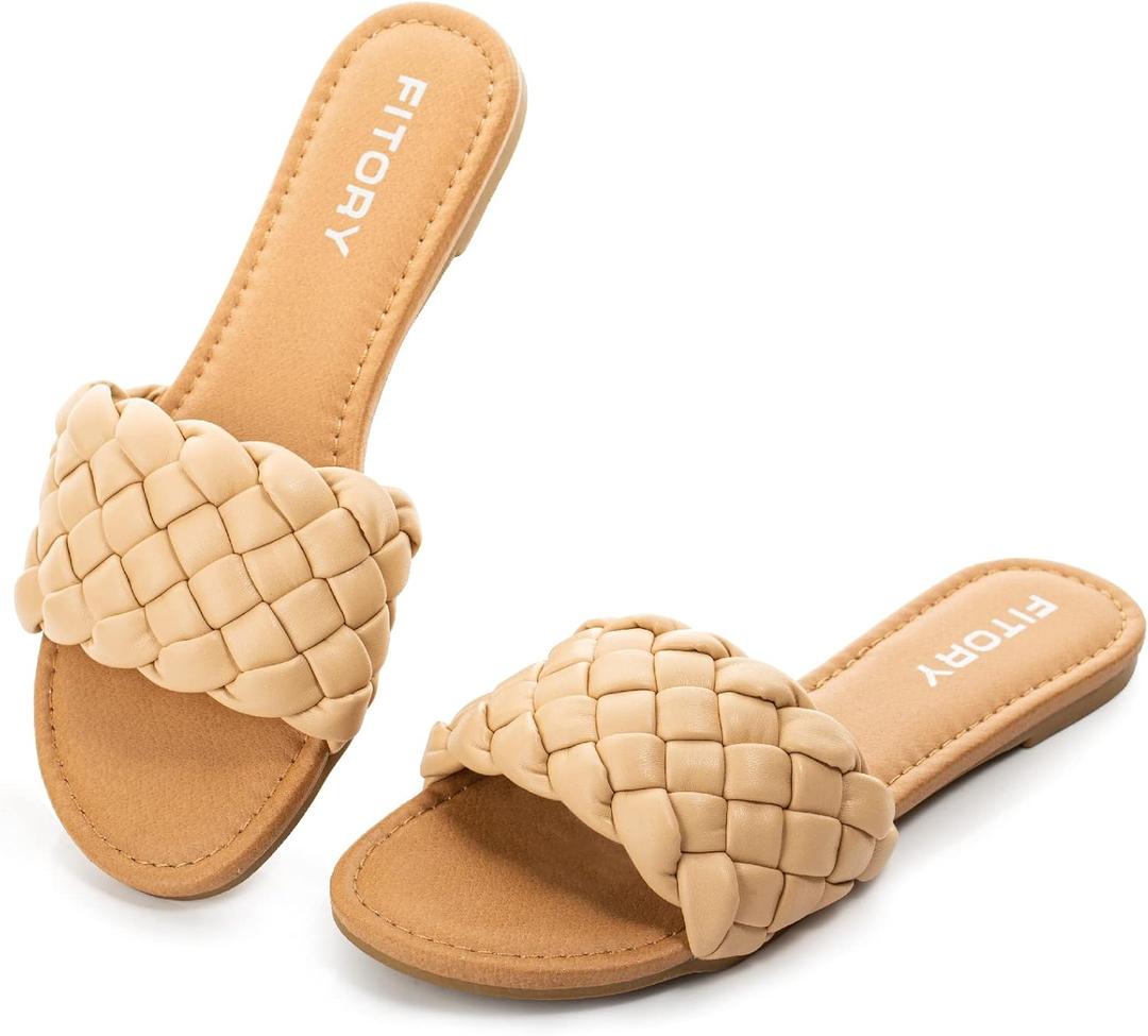 FITORY Womens Flat Sandals Fashion Round Open Toe Slip On Slides with Braided Strap Slippers for Summer (8, Apricot)
