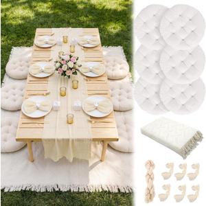 Beeveer Extra Large Outdoor Picnic Blanket with Table Runner Napkins and Floor Pillows Cushions for Picnic Party Camping Wedding Bachelorette Birthday Baby Shower Decor(71x91'',Beige,6 Set)