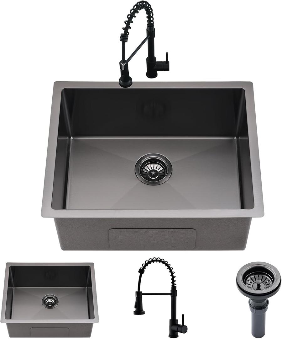 Undermount Laundry Utility Sink with Faucet, 23"x18"x12" Black Stainless Steel Laundry Sink Undermount Utility Sink Laundry Room Sink 16 Gauge Single Bowl Deep Laundry Sinks