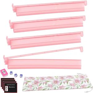 Pink Mahjong Racks with Pushers Set of 4, 18 inches Travel Acrylic Mahjong Tiles Racks with Bag, Mahjongs Cards, Dices, Wind Indicator, American Mahjongs Set Accessories, Gifts and Supplies, Large