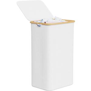 SpaceAid Laundry Hamper with Lid, 110L Large Tall Clothes Basket Bin with Bamboo Handles, Collapsible Laundry Hamper for Bedroom, Bathroom, Dorm, Laundry Room - White