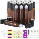 Mavogel 24pack, 10ml Roller Bottles for Essential Oils - Amber, Glass with Stainless Steel Roller Balls (3 Extra Roller Balls, 54 Pieces Labels, Opener, Funnel, Dropper, Brush Included)