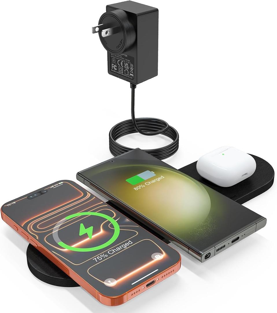 ZealSound 3-in-1 Wireless Charging Pad, Fast Charger Mat with 36W Adapter for iPhone 17/16/15, Samsung Galaxy, Pixel, AirPods & Galaxy Buds, Ultra Slim Case Friendly PU Leather for Home Office Travel (Black 2)
