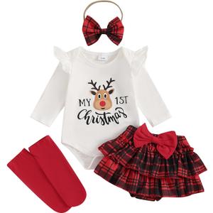 FYBITBO Newborn Baby Girl Christmas Outfits Cute Letter Romper Ruffle Plaid Skirt Dress Infant Christmas Outfit Clothes Set (6-9 Months)