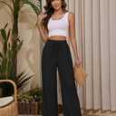 KICZOY Women Flowy Pants Drawstring Waist Wide Leg Palazzo Beach Pants Loose Fit with Pockets (Black, L)
