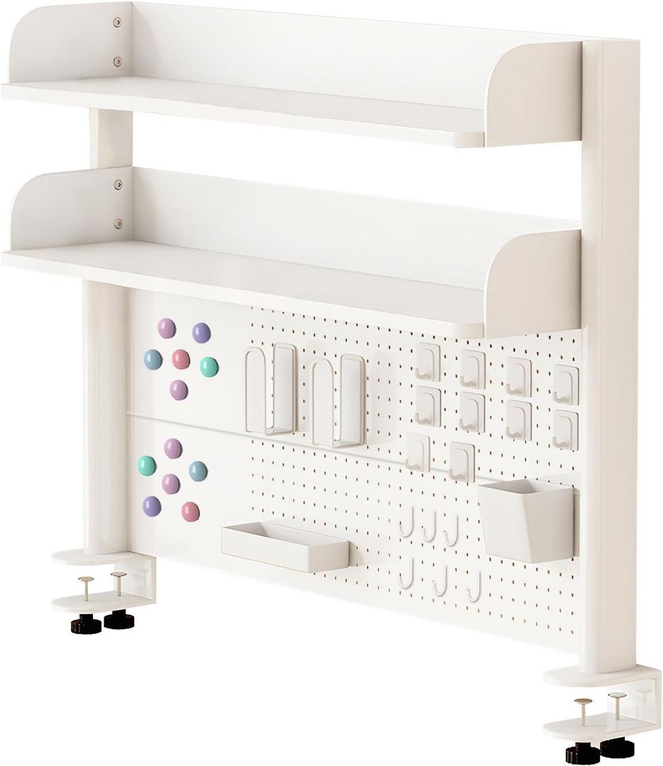 jvsufuik Clamp On Desk Organizer Shelf, White Desk Extender Pegboard Workstation, Computer Desk Accessories for Office, Desktop Shelving System, Desktop Bookshelf Storage Shelves for Desk, 23.6in