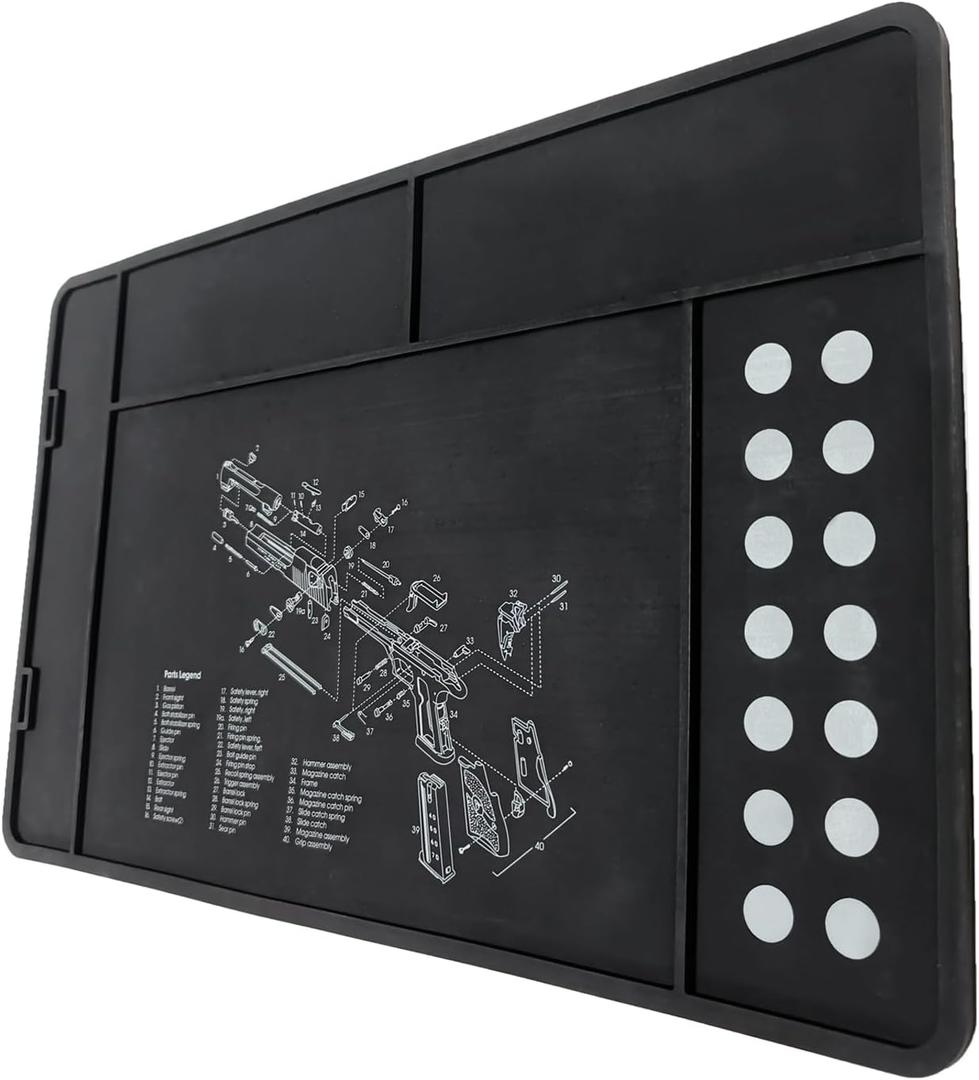 Pistol Gun Cleaning Mat Black, Premium Handgun Cleaning Pad with Magnetic Organizer Parts Tray, Anti-Slip Silicone Pistol Maintenance Mat for Table (15.7" x 9.8")