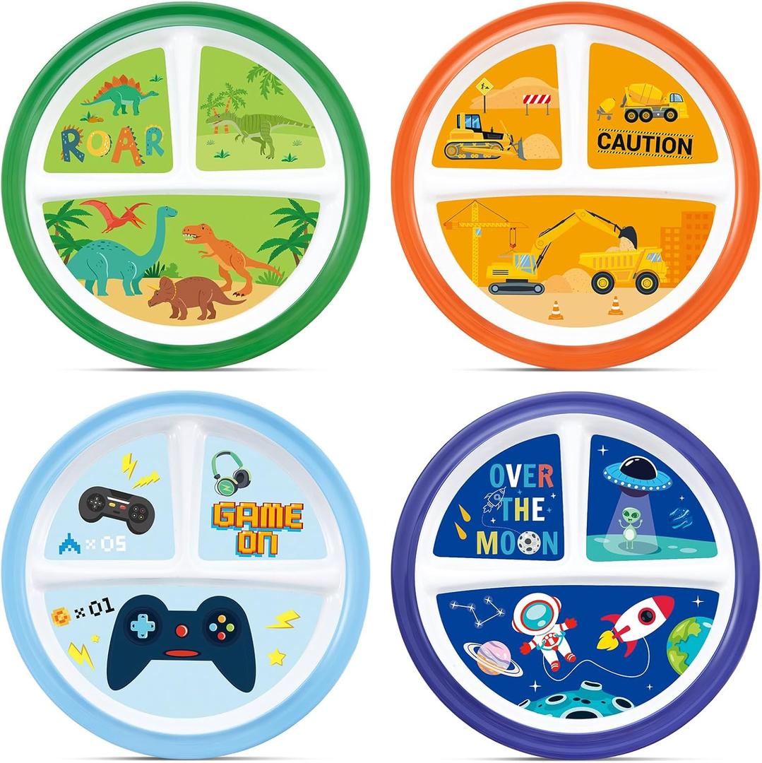Hushee 4 Pcs 8.5 Inch Kids Dinner Plate for Kids Toddlers Girls Boys Divided Reusable 3 Compartment Dinnerware Plates for School Party Supplies(Boys)