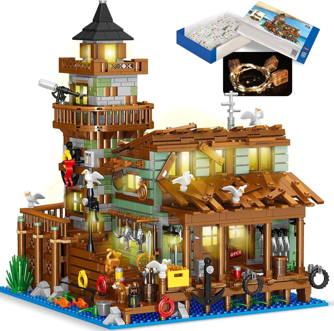 1881PCS Fishing Village Wood Cabin mini Building Blocks Toys with Led Lighting,Creative Ideals Fishing House Building Sets, Best Choice for 6+ Boys, Girls or Adults (Not Compatible with Lego)