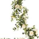 Eucalyptus Garland 6 FT Artificial Flower Garland Floral Vines 1 Pcs Eucalyptus Leaves Vines with Camellias Flowers for Wedding Party Decor