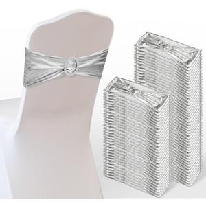 Oudain 120 Pieces Spandex Chair Sashes with Buckle Stretch Chair Cover Bands Bows for Wedding Hotel Banquet Events Decorations Sashes(Silver)