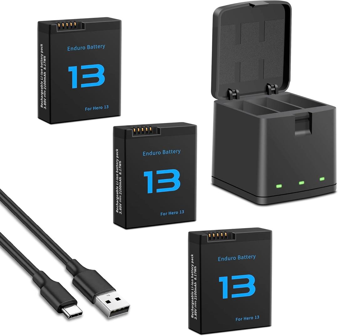 Battery Charger Kits for Hero 13 Black, 3-Pack 2100mAh Replacement Batteries and Triple Charge Case with Type-C Charging Cord for Hero 13 Official Batteries Accessories (3-Pack)