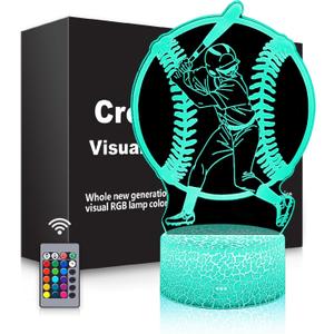 BASSI Baseball Gift 3D Night Light for Kids - 16 Colors & Flashing Modes with Remote Control Opreated Dimmable - Baseball Player Decor - Christmas Birthday Gifts for Boys Girls Sport Fans