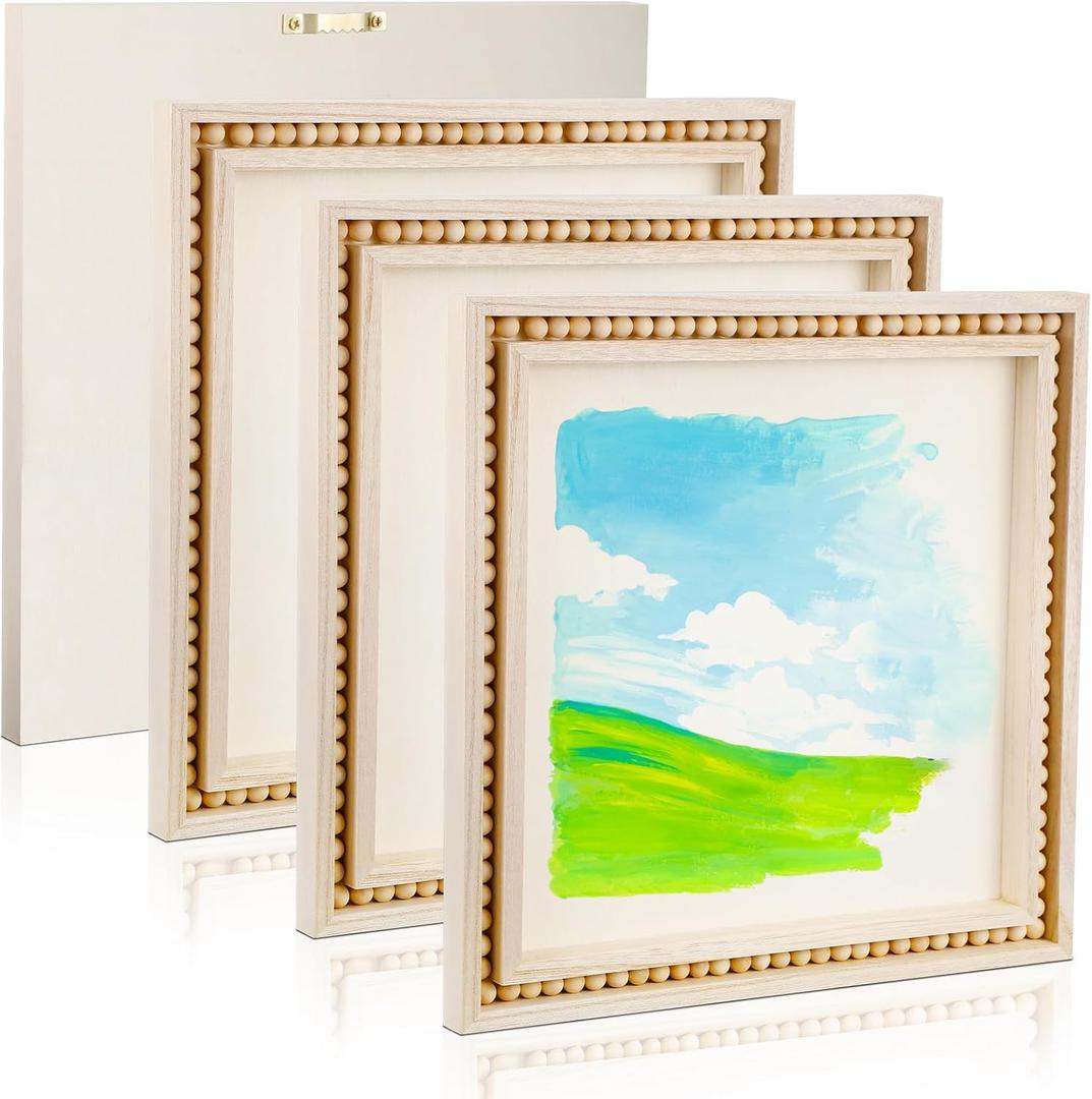 Wenqik 4 Pack Beaded Wood Canvas Panels Unfinished Wooden Blank Framed Signs Boho Style Panel Boards Square Plaques for DIY Crafts Painting Pouring Drawing Art Projects (10 x 10 Inch)