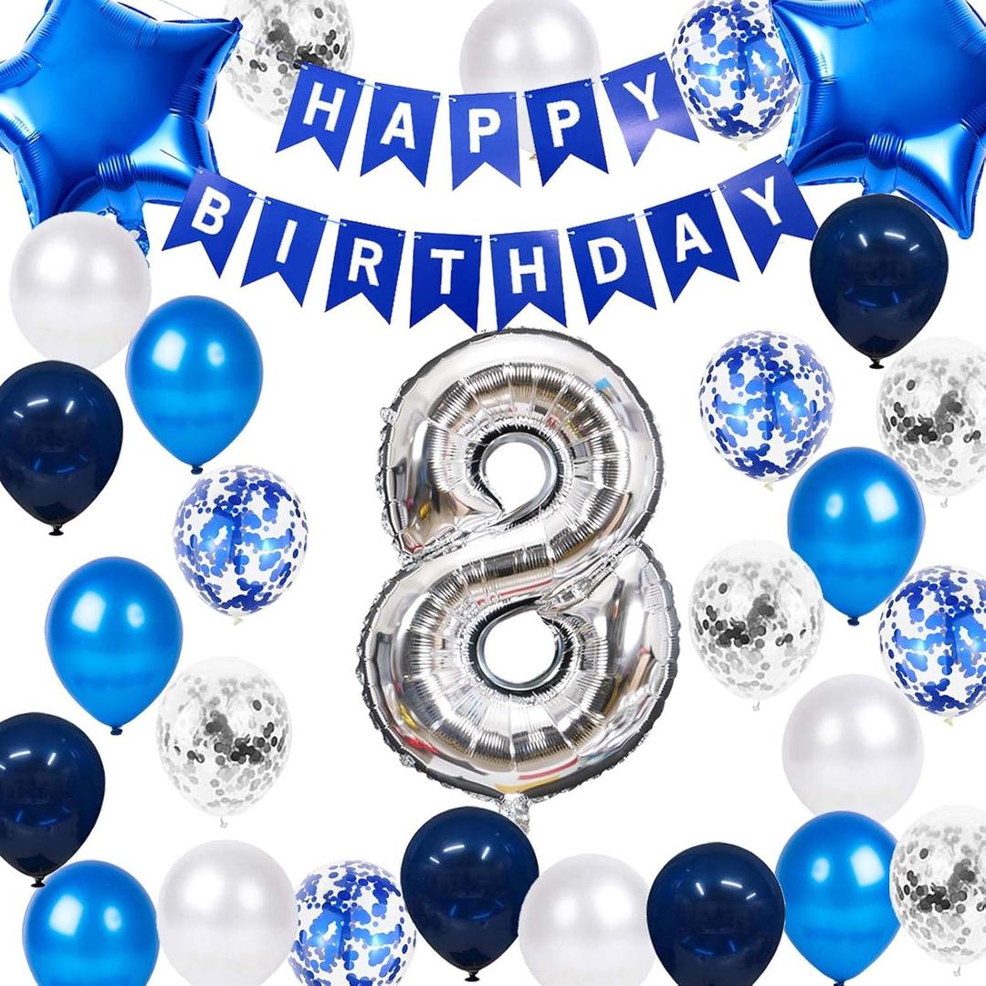 8th Birthday Decorations Blue for Boys, 8th Birthday Banner Balloon Blue Silver, Number 8 Birthday Star Foil Balloons Latex Confetti Balloons for Boys Him 8 Years Old Birthday Supplies(8th)