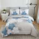 Luxudecor Floral California King Size Comforter Set, 7 Pieces Blue Floral Bed in a Bag Comforter and Sheet Set, Soft Microfiber Cal King Complete Bedding Sets for All Seasons 104"96"