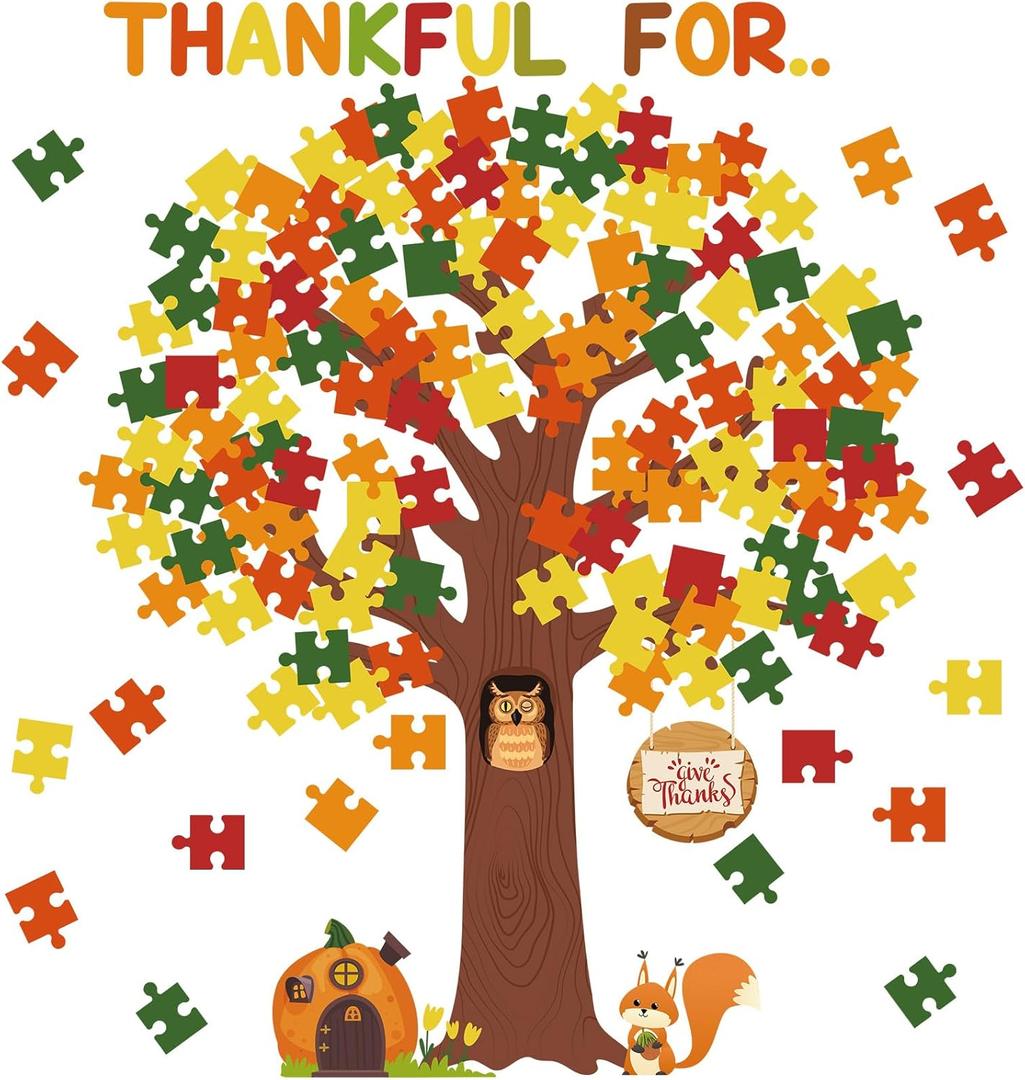 Pajean Thanksgiving Classroom Bulletin Board Decorations Bulletin Board Tree Fall Tree Set Classroom Decorations Puzzle Cutouts for Autumn Harvest Thanksgiving Party Decorations (Appreciation Style, Bright Color)