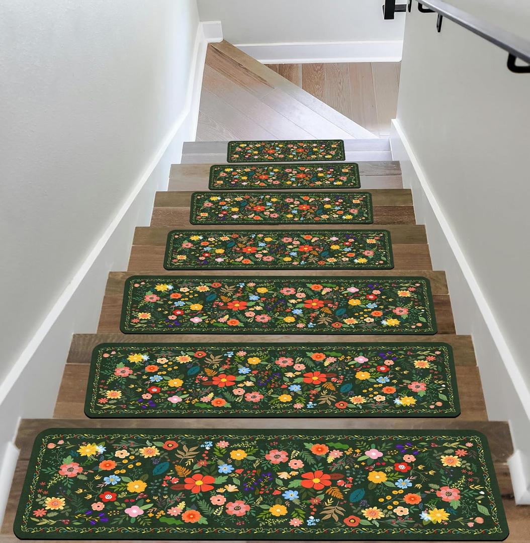 Floral Stair Treads for Wooden Steps Non-Slip 8"X30" 15PCS Flower Stair Carpet Rubber Backing Stair Runner Reusable Stair Rugs Indoor Safety Stair Mats for Elders Kids Dogs Green
