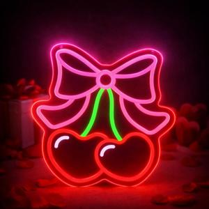 Valentines Galentines Day Decor Valentines Cherry Bow Neon Sign Window Light Heart LED Light USB Powered 11.8 x 11.8'' Adjustable Lighting for Cherry Birthday Party Room Bedroom Wall Decor (Red and Pink)
