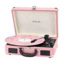 Jorlai Vinyl Record Player 3 Speed Turntable with Bluetooth, Built in Battery, Portable Suitcase, Built in Speakers, 3.5mm Headphone Jack Aux in/RCA Out Pink for Home Decoration Gift