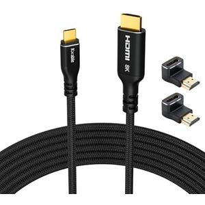 8K USB C to HDMI 2.1 Cable 8 FT, (8K@60Hz,4K@120Hz, HDR), Braided Cord, Thunderbolt 3/4 Compatible, for iPhone 15 Series, MacBook Pro/Air, iPad Pro, Galaxy S23, Surface, Dell, HP, with 2 HDMI Adapters