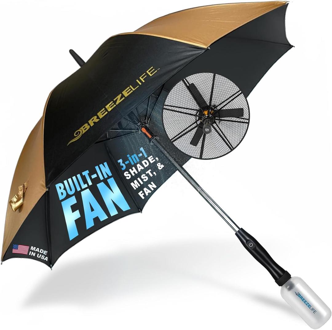 Breeze Life Original Mister Breeze (Black & Gold Design) Sun Umbrella with Fan and Mist Spray Portable Fan Umbrella with Mister, 41" UV Shade, 34 Hr Runtime Ideal for Festivals, Beach & Sports, AA Battery