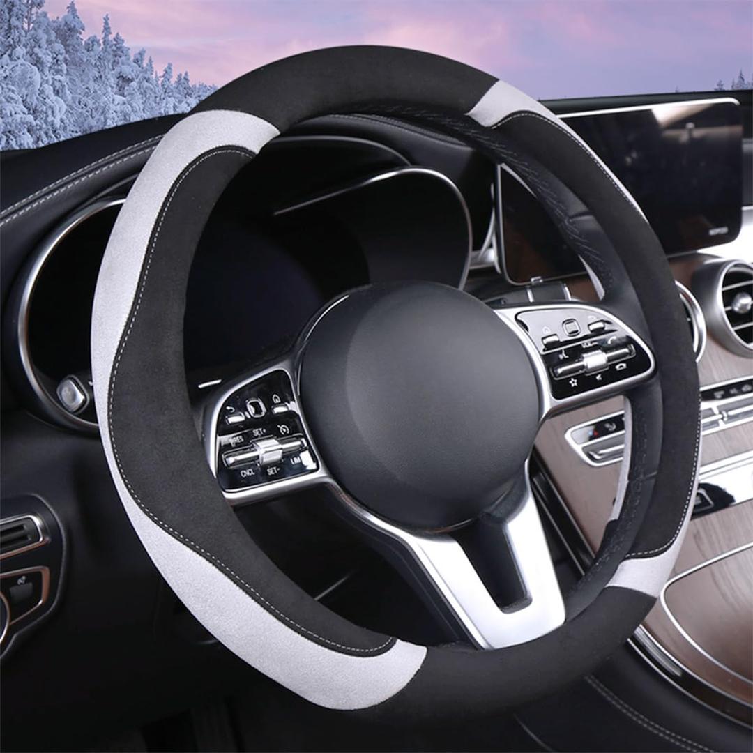 Soft Suede Steering Wheel Cover, Warm Steering Wheel Cover Fashion Universal 15 inch, Gray (round) Soft Suede Steering Wheel Cover, Warm Steering Wheel Cover Fashion Universal 15 inch, Gray (round)