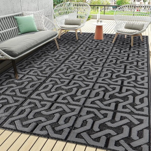 SAND MINE Reversible Mats, Plastic Straw Rug, Modern Area Rug, Large Floor Mat Rug for Outdoors, RV, Patio, Backyard, Deck, Picnic, Beach, Trailer, Camping (9' x 12', Black & Grey)