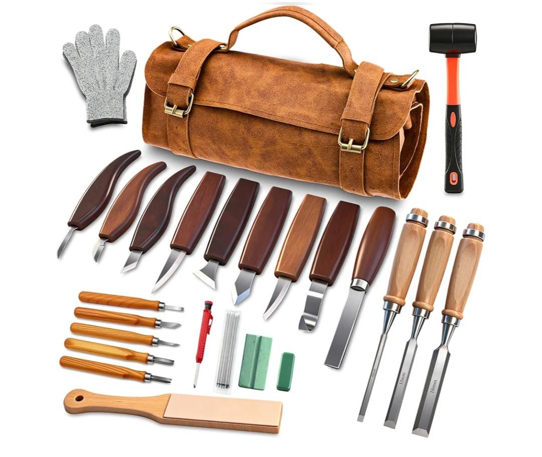Deluxe Wood Carving Kit, 25 Piece Wood Carving Tools with Thick Leather Storage Bag,Wood Whittling Tools -Ideal Woodworking Tools and Hobbies for Beginners Enthusiasts Gift DIY