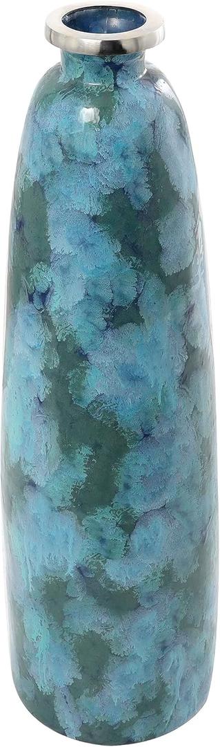 Deco 79 Glass Handmade Vase with Silver Rim, 10" x 10" x 34", Teal