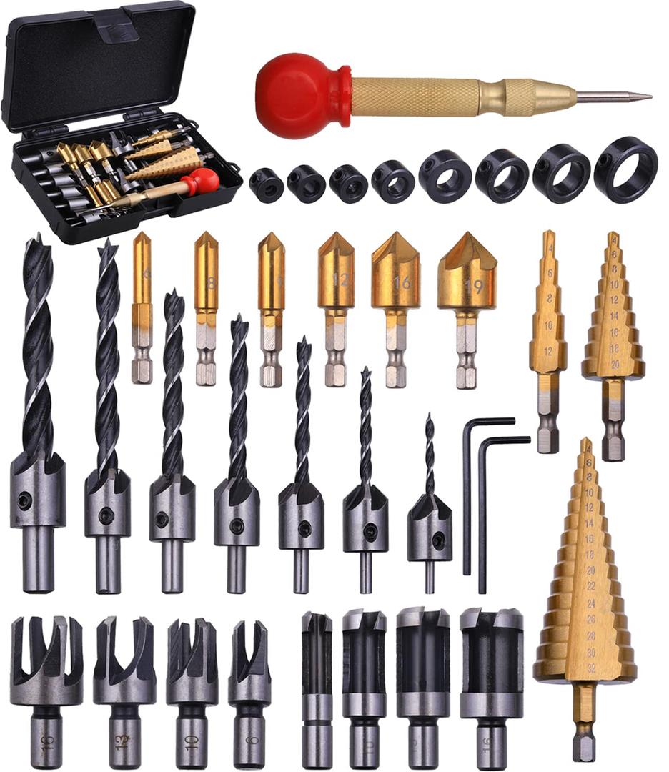 34 Pack Wood Working Chamfer Drilling Tools, 6 Countersink Drill Bit Set, 7 Counter Sinker Drill Bit Set, 8 Plug Cutters for Wood, 8 Drill Stop Bit Collar Set and 3 Step Drill Bits.
