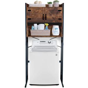 Over The Washer or Over The Toilet Storage Cabinet w/Height Adjustable Shelf Laundry Room/Bathroom Organizer Rack, 2-Door Freestanding Rack Space Saver, Wood