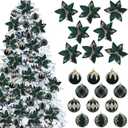 Soulchen 20 Pcs Christmas Velvet Poinsettia Flower Balls Ornaments Set Glitter Artificial Poinsettia Decoration Christmas Tree Ornaments Wreath Garland Decoration (Green)