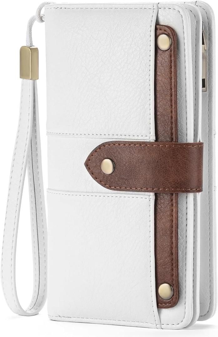 FALAN MULE Womens Leather Wallet Large Capacity Bifold RFID Blocking Card Holder with Zipper Coin Pocket (CA-Brown white)