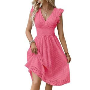chouyatou Women's 2024 Eyelet Lace Embroidery Smocked Waist Party Dress Sexy Flutter Sleeve A Line Midi Long Sun Dress (X-Small, Dark Pink)