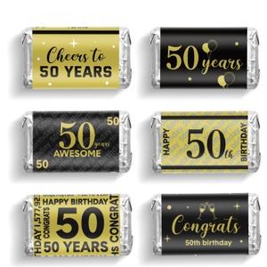 Tenare 90 Pcs 50th Birthday Candy Bar Wrappers Black and Gold Stickers Chocolate Decoration Label Mini Candy Label Stickers for Anniversary Birthday Party Supplies