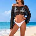 Women's Crochet Swimsuit Cover up Summer Off Shoulder Long Sleeve Hollow Beach Tunic, Bikini Swimwear Cropped Tops (Black) ( One Size )