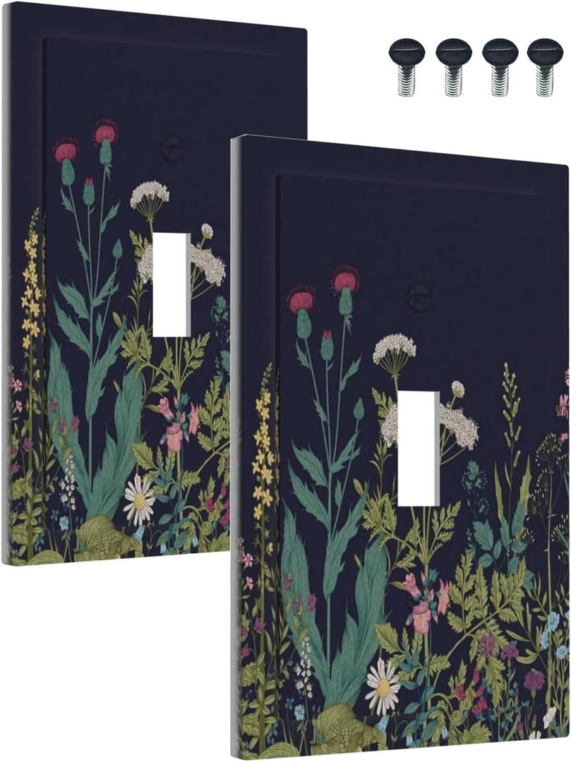 Light Switch Covers 1 Toggle Boho Wild Flowers Herbs Floral Single Toggle Wall Plate Decorative Switchcover Electrical Switchplate For Country Bathroom Bedroom Decor(2 Pack)