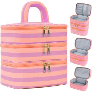 Three Layer Makeup Bag for Women Fashion Stripes Cosmetic Bag Preppy Style Travel Water-Resistant Toiletry Bag for Storage Toiletries Cosmetics Sets for Women Teen Girls Purple (EXP 12/30/36)
