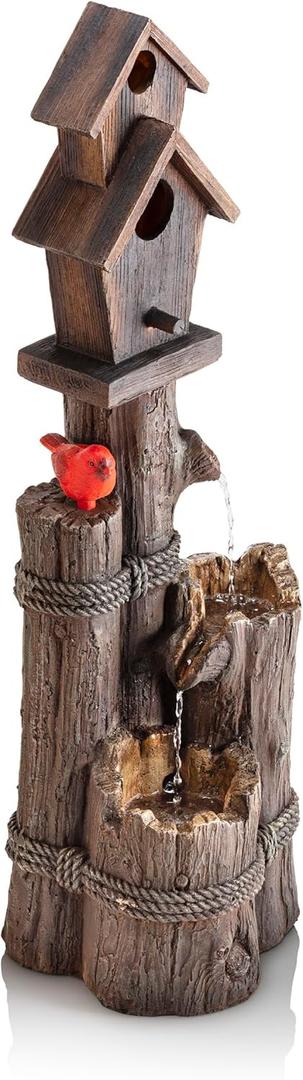 Alpine Corporation 35" Tall Outdoor 3-Tier Birdhouse Water Fountain with Cardinal Accent, Rustic Floor Decor for Garden and Patio, Brown