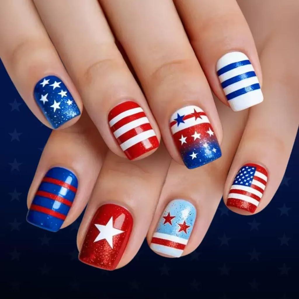 Independence Day Press on Nails - Red, Blue Fake Nails with Star American Flag Design - Glitter, Ombre, 4th of July False Nails for Women 24 Pcs